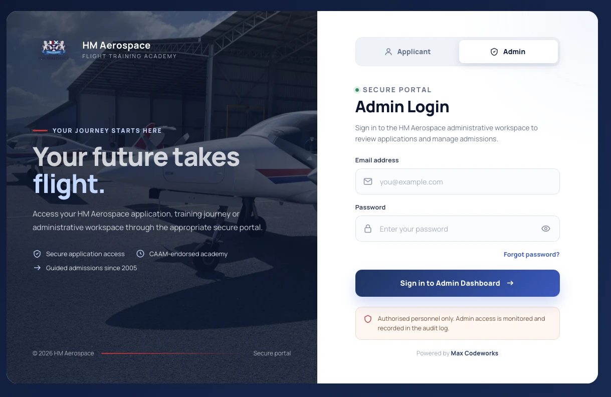 HM Aerospace applicant and admin login portal